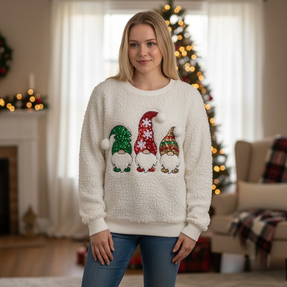 Poof Girl Kids Christmas Gnomes Sequin Sherpa Fleece Sweatshirt White Large NEW